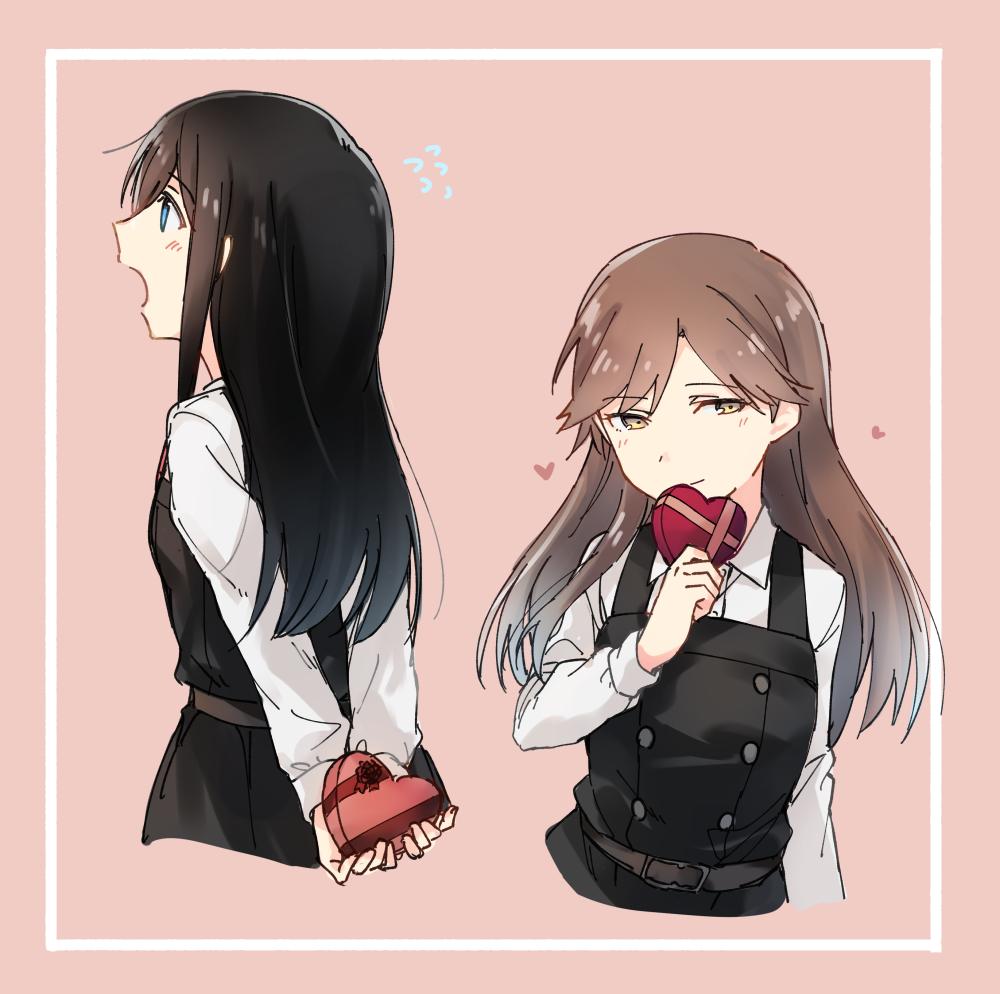 2girls arashio_(kantai_collection) arms_behind_back asashio_(kantai_collection) black_hair blue_eyes brown_eyes brown_hair cowboy_shot cropped_torso dress gift heart kantai_collection long_hair long_sleeves looking_at_viewer multiple_girls open_mouth pinafore_dress pink_background remodel_(kantai_collection) satsumi shirt smile white_shirt