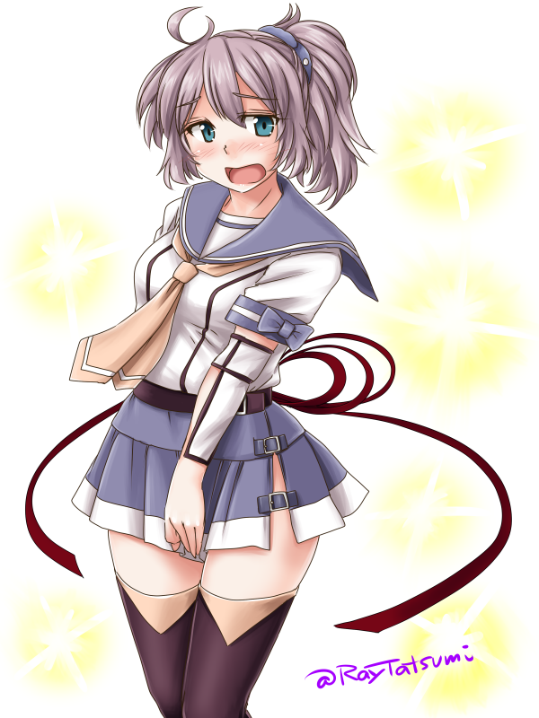 1girl aoba_(kantai_collection) black_legwear blue_eyes blue_scrunchie commentary_request cosplay cowboy_shot embarrassed kantai_collection kinugasa_(kantai_collection) kinugasa_(kantai_collection)_(cosplay) messy_hair neckerchief open_mouth ponytail purple_hair purple_skirt sailor_collar school_uniform scrunchie serafuku skirt solo sparkle_background tatsumi_ray thighhighs twitter_username white_background yellow_neckwear