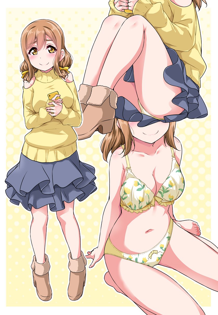 1girl bangs barefoot blue_skirt blush boots bra breasts brown_footwear brown_hair cellphone collarbone commentary_request floral_print frilled_skirt frills hair_ribbon halftone halftone_background head_out_of_frame highres holding holding_phone knees_up kunikida_hanamaru long_hair long_sleeves love_live! love_live!_sunshine!! low_twintails medium_breasts multiple_views navel outline panties pantyshot pantyshot_(sitting) phone print_bra print_panties ribbon shoulder_cutout sitting skirt smartphone smile stomach sweater twintails underwear white_outline yellow_background yellow_bra yellow_panties yellow_ribbon yellow_sweater yopparai_oni