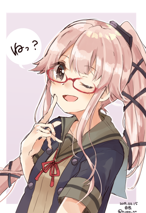 1girl bespectacled black_eyes black_gloves black_jacket border character_name dated glasses gloves grey_background grey_sailor_collar grey_skirt hair_flaps index_finger_raised jacket kantai_collection long_hair looking_at_viewer neck_ribbon one_eye_closed open_mouth pink_hair ponytail red-framed_eyewear red_ribbon remodel_(kantai_collection) ribbon sailor_collar short_sleeves skirt smile solo twitter_username u_yuz_xx upper_body very_long_hair white_border yura_(kantai_collection)