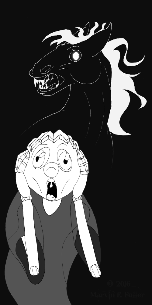 ambiguous_gender cybercorn_entropic dream equine fangs glowing glowing_eyes horse mammal monochrome nightmare open_mouth puppet teeth the_scream toy