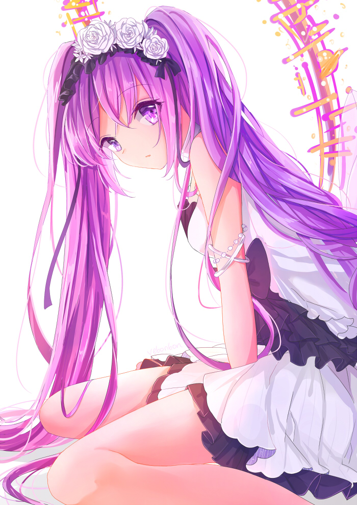 1girl armlet bangs bare_arms bare_legs bare_shoulders between_legs black_hairband blush breasts commentary_request dress euryale eyebrows_visible_through_hair fate/hollow_ataraxia fate_(series) feet_out_of_frame flower from_side hair_flower hair_ornament hairband hand_between_legs leaning_forward long_hair looking_at_viewer looking_to_the_side parted_lips purple_eyes purple_hair rose simple_background sitting sleeveless sleeveless_dress small_breasts solo tareme twintails vebonbon very_long_hair wariza white_background white_dress white_flower white_rose