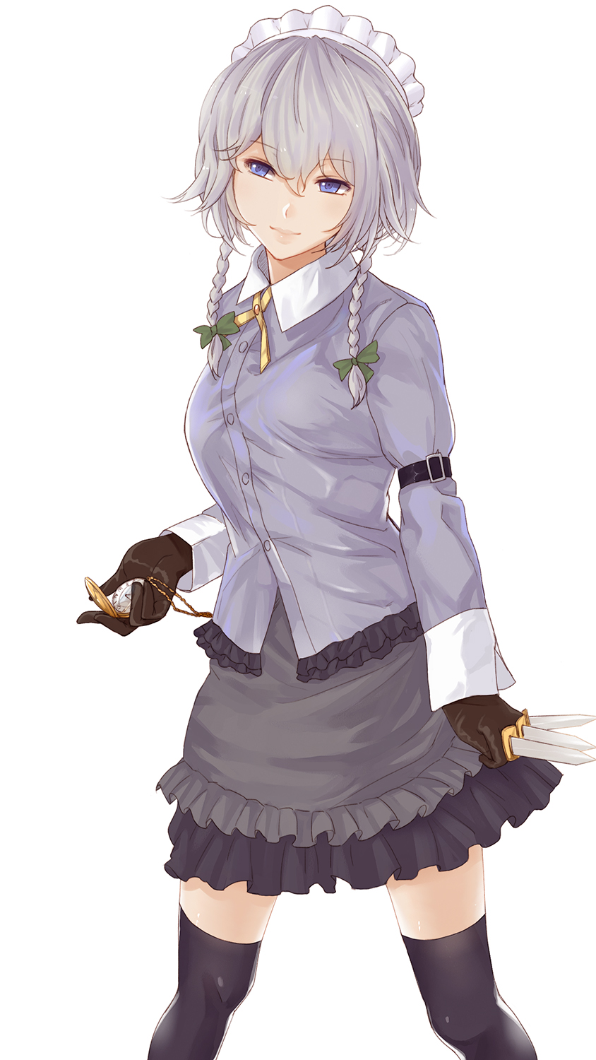 alternate_costume arm_garter arm_strap between_fingers black_gloves black_legwear blouse blue_eyes bow braid buttons chain frills gathers gloves gold_chain green_bow hair_bow head_tilt highres holding holding_knife izayoi_sakuya juliet_sleeves knife knives_between_fingers long_sleeves looking_away miniskirt pocket_watch puffy_sleeves silver_hair simple_background skirt solo thighhighs throwing_knife touhou twin_braids watch weapon x&amp;x&amp;x zettai_ryouiki