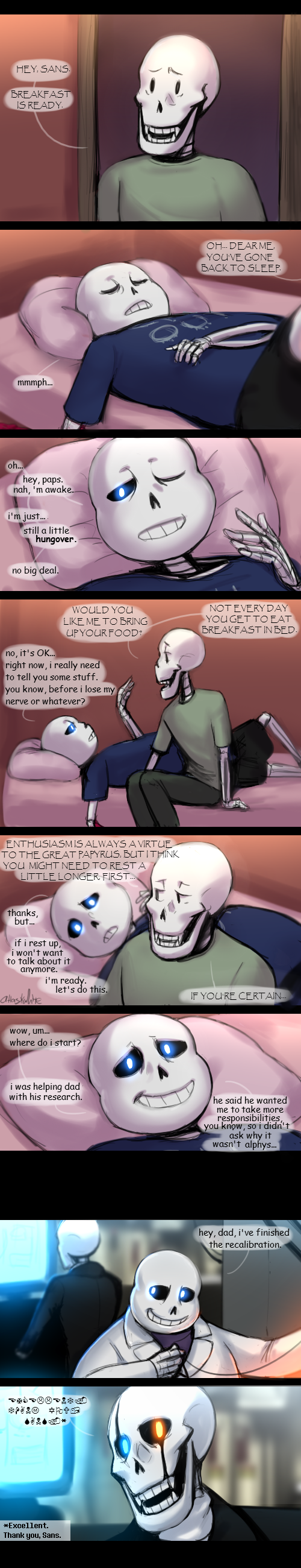 ! ... 2016 ? absurd_res animated_skeleton anthro atlas-white bed blue_eyes bone clothed clothing comic dialogue digital_media_(artwork) duo duo_focus english_text eyes_closed flashback gaster glowing glowing_eyes group hi_res inside male monster nervous one_eye_closed open_mouth papyrus_(undertale) pillow sans_(undertale) signature sitting skeleton sleeping smile speech_bubble teeth text undead undertale video_games
