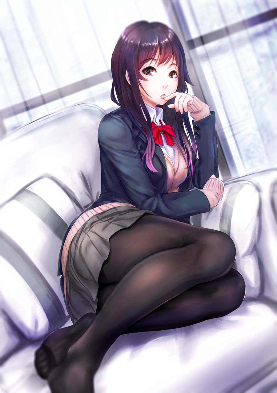 1girl arm_support bangs black_hair black_jacket black_legwear blazer bow bowtie breasts brown_sweater couch curtains dutch_angle expressionless eyebrows_visible_through_hair finger_to_mouth grey_skirt highres indoors jacket konekoneko_(indonesia) large_breasts long_sleeves looking_at_viewer lying medium_breasts miniskirt no_shoes on_couch on_side original pantyhose parted_lips pillow red_bow red_eyes red_neckwear school_uniform skirt sweater wing_collar