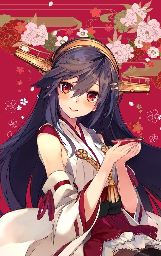 1girl bangs bare_shoulders black_hair blush breasts brown_eyes closed_mouth cup detached_sleeves hair_ornament hairband hairclip haruna_(kantai_collection) head_tilt headgear holding holding_cup japanese_clothes kantai_collection long_hair looking_at_viewer nontraditional_miko remodel_(kantai_collection) shirokitsune sidelocks smile solo