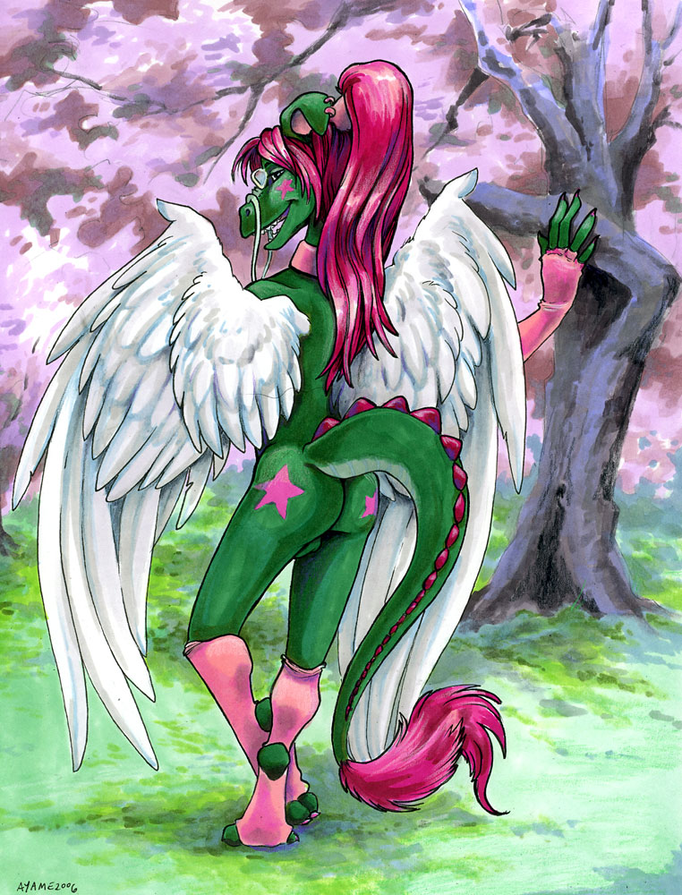 2006 anthro ayame_emaya butt claws clothing collar dragon ear_piercing feathered_wings feathers girly grass hair legwear long_ears long_hair male nude open_mouth piercing ponytail presenting raised_tail scalie smile solo standing star stockings teeth tree whiskers wings zakkie_starres zakkie_starres_(character)