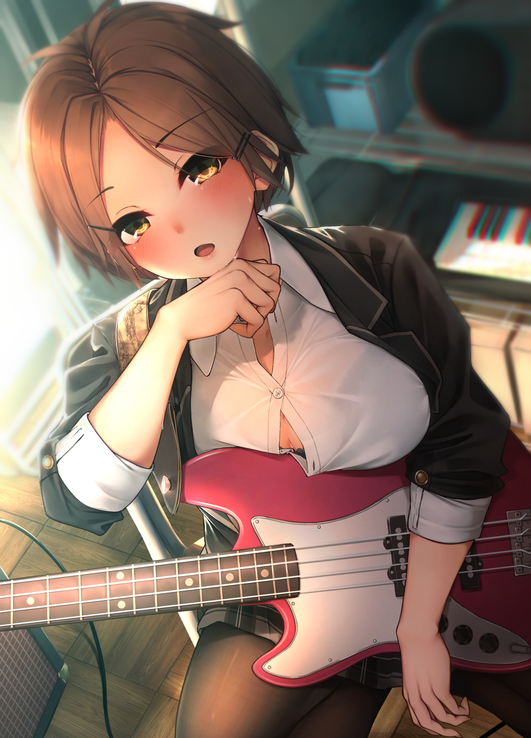 1girl :o amplifier bangs bass_guitar black_bra black_jacket black_legwear black_skirt blazer blurry blurry_background blush bra breasts brown_hair cable chair collared_shirt commentary_request day depth_of_field eyebrows_visible_through_hair hair_ornament hairclip hand_up highres holding holding_instrument indoors instrument jacket keyboard_(instrument) lace lace-trimmed_bra long_sleeves looking_at_viewer medium_breasts miniskirt open_clothes open_jacket open_mouth original pantyhose parted_bangs partially_unbuttoned plaid plaid_skirt rerrere school_uniform shirt short_hair sitting skirt solo sweat tile_floor tiles underwear white_shirt wing_collar wiping_sweat yellow_eyes