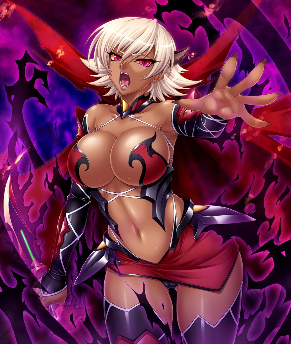 1girl armpits bare_shoulders breasts cameltoe cape claws cleavage corruption dark_persona dark_skin demon_girl detached_sleeves energy fangs female horns igawa_sakura kagami_hirotaka large_breasts lilith-soft looking_at_viewer magic miniskirt navel open_mouth outstretched_arm outstretched_hand pink_eyes pose revealing_clothes short_hair skirt solo taimanin_asagi taimanin_asagi_battle_arena tan thong white_hair wide_hips yellow_sclera