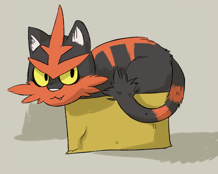 :3 ambiguous_gender badcactus black_fur box fur grey_background nintendo pok&eacute;mon red_fur simple_background solo torracat video_games yellow_eyes