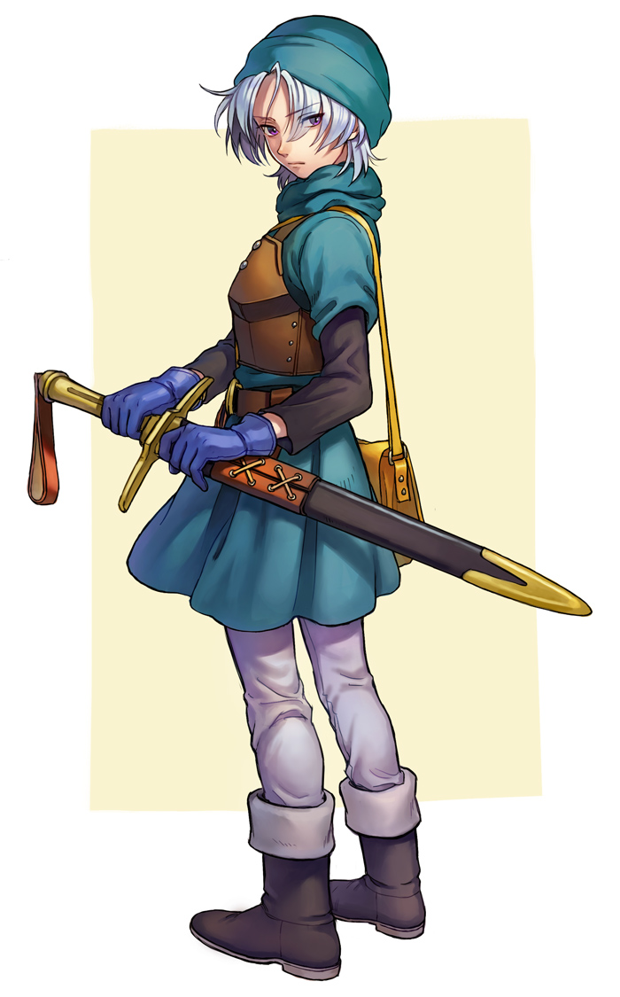 bag black_footwear blue_gloves blue_hat boots dragon_quest dragon_quest_vi full_body gloves hat holding holding_sword holding_weapon male_focus nona_(831korokke) purple_eyes ready_to_draw sheath sheathed solo sword terry weapon white_hair