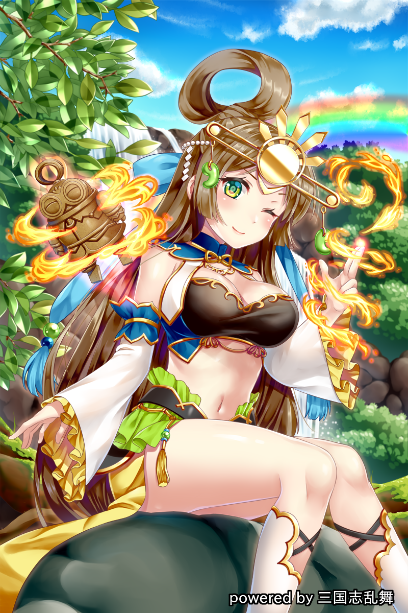 1girl bare_shoulders blue_ribbon blue_sky breasts brown_hair cleavage closed_mouth cloud cloudy_sky crop_top day detached_sleeves doguu feet_out_of_frame frilled_sleeves frills hair_ribbon hair_rings hakuda_tofu hand_up headgear highres jewelry kneehighs knees_together_feet_apart long_hair long_sleeves looking_at_viewer magic medium_breasts midriff nature navel official_art one_eye_closed outdoors rainbow ribbon rock sangokushi_ranbu sidelocks sitting skirt sky sleeves_past_wrists smile solo stomach tassel taut_clothes thighs tree_branch very_long_hair water waterfall watermark white_legwear wide_sleeves yellow_skirt