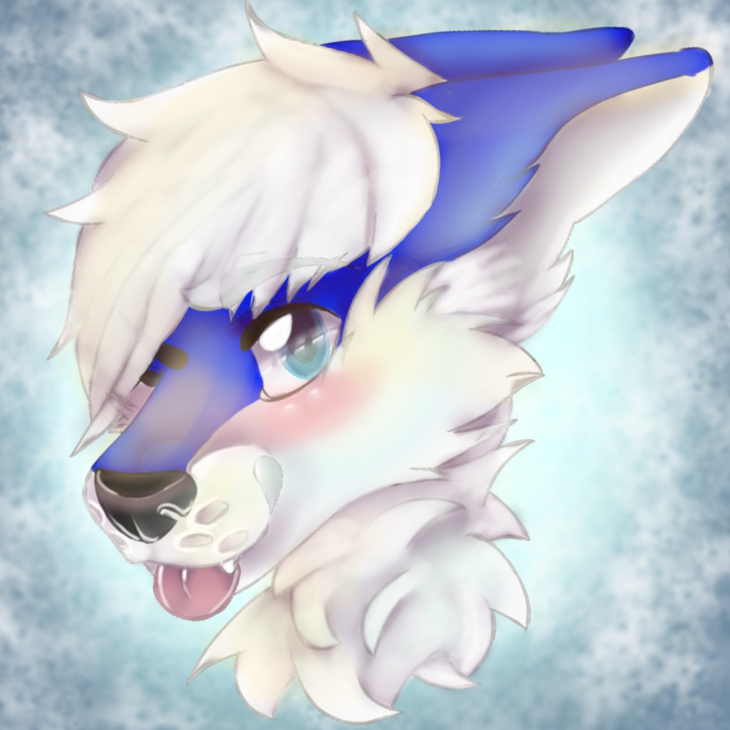 1:1 abstract_background anthro black_nose blue_body blue_eyes blue_fur blush canid canine fennec_fox fox fur hair kota_fox looking_at_viewer mammal one_eye_closed pink_tongue portrait simple_background solo tongue tongue_out true_fox unknown_artist white_body white_fur white_hair wink