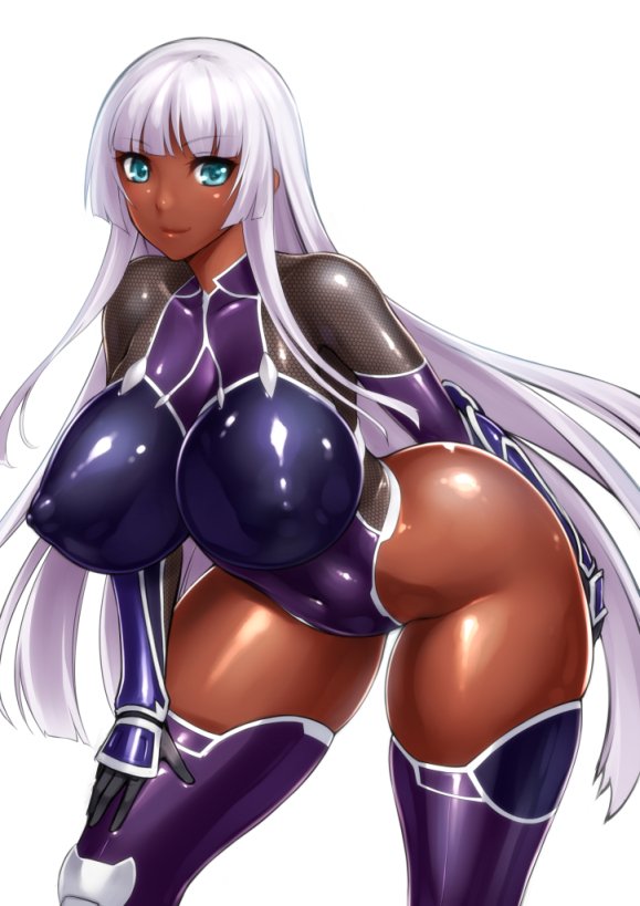 arched_back arm_behind_back armor bangs blue_eyes blunt_bangs boots borrowed_character breasts closed_mouth covered_navel covered_nipples dark_skin eyebrows eyebrows_visible_through_hair fishnets gloves groin hand_on_own_thigh highleg highleg_leotard hime_cut impossible_clothes impossible_leotard large_breasts latex leaning_forward legs_apart leotard light_smile liliana_(wagaya_no_liliana-san) long_hair looking_at_viewer puffy_nipples rindou_(radical_dream) shiny shiny_clothes shiny_skin simple_background skin_tight skindentation smile solo thick_thighs thighhighs thighs turtleneck vambraces very_long_hair wagaya_no_liliana-san white_background white_hair