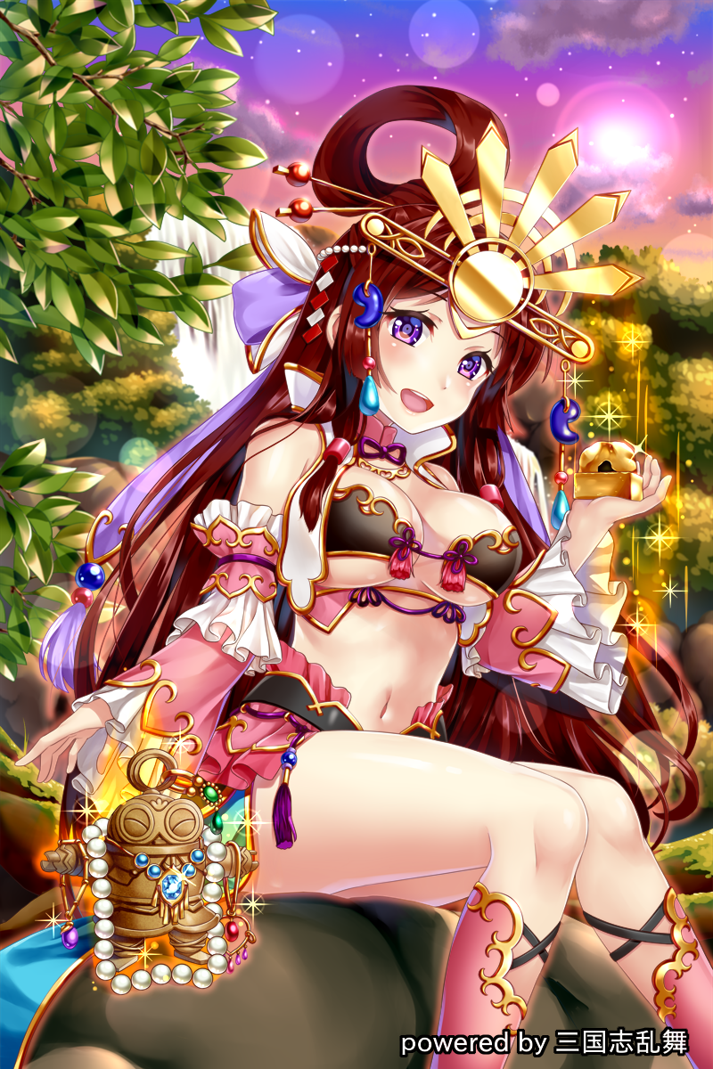 1girl :d bare_shoulders beads blue_skirt breasts cleavage cloud cloudy_sky detached_sleeves doguu evening feet_out_of_frame frilled_sleeves frills gradient_sky hair_ornament hair_ribbon hair_rings hairpin hakuda_tofu hand_up headgear heart highres holding jewelry kneehighs knees_together_feet_apart light_particles long_hair long_sleeves looking_at_viewer magic medium_breasts nature navel official_art open_mouth outdoors pink_legwear purple_eyes purple_ribbon red_hair revealing_clothes ribbon rock sangokushi_ranbu sidelocks sitting skirt sky sleeves_past_wrists smile solo sparkle stomach tassel thighs tree_branch upper_teeth very_long_hair water waterfall watermark wide_sleeves