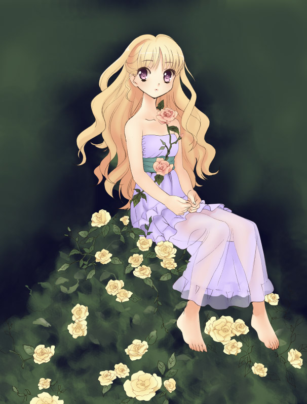 bare_shoulders barefoot blonde_hair dress feet flower long_hair original piyodera_mucha plant purple_dress purple_eyes rose see-through sitting solo strapless sundress vines wavy_hair yellow_flower yellow_rose