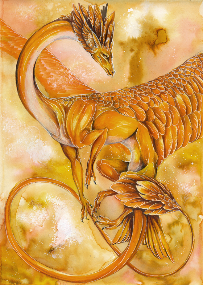 ambiguous_gender claws dragon feathered_dragon feathered_wings feathers flying isvoc nude orange_eyes orange_feathers orange_skin orange_theme solo traditional_media_(artwork) wings