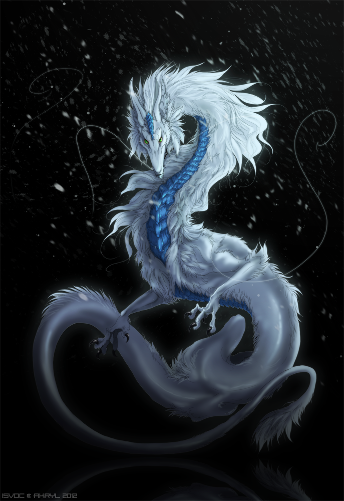 2012 black_background blue_scales claws digital_media_(artwork) dragon eastern_dragon feral fur furred_dragon green_eyes hair isvoc nude scales simple_background solo white_fur white_hair