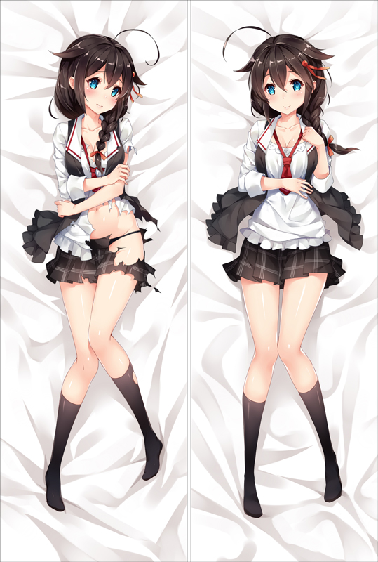 ahoge alternate_costume bakugadou bangs bed_sheet black_hair black_legwear black_panties black_skirt black_vest blouse blue_eyes blush braid breasts casual cleavage closed_mouth collarbone dakimakura frills full_body hair_between_eyes hair_flaps hair_ornament hair_over_shoulder hair_ribbon hand_on_own_stomach holding_arm kantai_collection kneehighs knees_together_feet_apart long_hair looking_at_viewer lying medium_breasts multiple_views navel necktie no_shoes on_back open_clothes open_vest panties plaid plaid_skirt pleated_skirt red_neckwear red_ribbon remodel_(kantai_collection) ribbon sailor_collar shigure_(kantai_collection) single_braid skirt sleeveless smile stomach torn_blouse torn_clothes torn_skirt torn_vest tress_ribbon underwear vest white_blouse