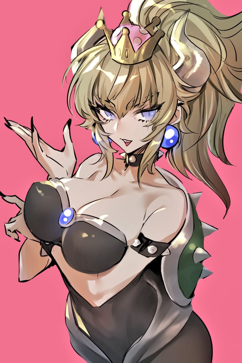 1girl bad_id bad_twitter_id bangs black_leotard blonde_hair bowsette bracelet breasts cleavage collar crown eyebrows_visible_through_hair fingernails hair_between_eyes hands_up highres horns jewelry large_breasts leotard looking_at_viewer mario_(series) maruchi new_super_mario_bros._u_deluxe nintendo pink_background ponytail purple_eyes sharp_fingernails simple_background slit_pupils smile solo spiked_bracelet spiked_collar spikes super_crown thick_eyebrows turtle_shell