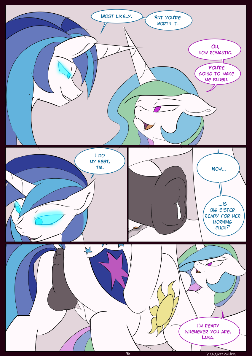 2016 animal_genitalia animal_penis anus balls body_swap comic dark_genitals duo english_text equine equine_penis female friendship_is_magic horn incest kanashiipanda male mammal my_little_pony penis possession precum princess_celestia_(mlp) princess_luna_(mlp) sex shining_armor_(mlp) text unicorn winged_unicorn wings