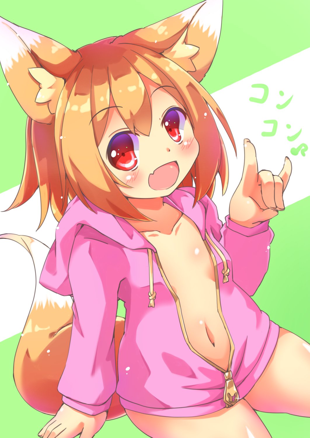 :d animal_ears blonde_hair fang fox_ears fox_shadow_puppet fox_tail highres hood hoodie kt_cano naked_hoodie open_mouth original red_eyes short_hair smile tail