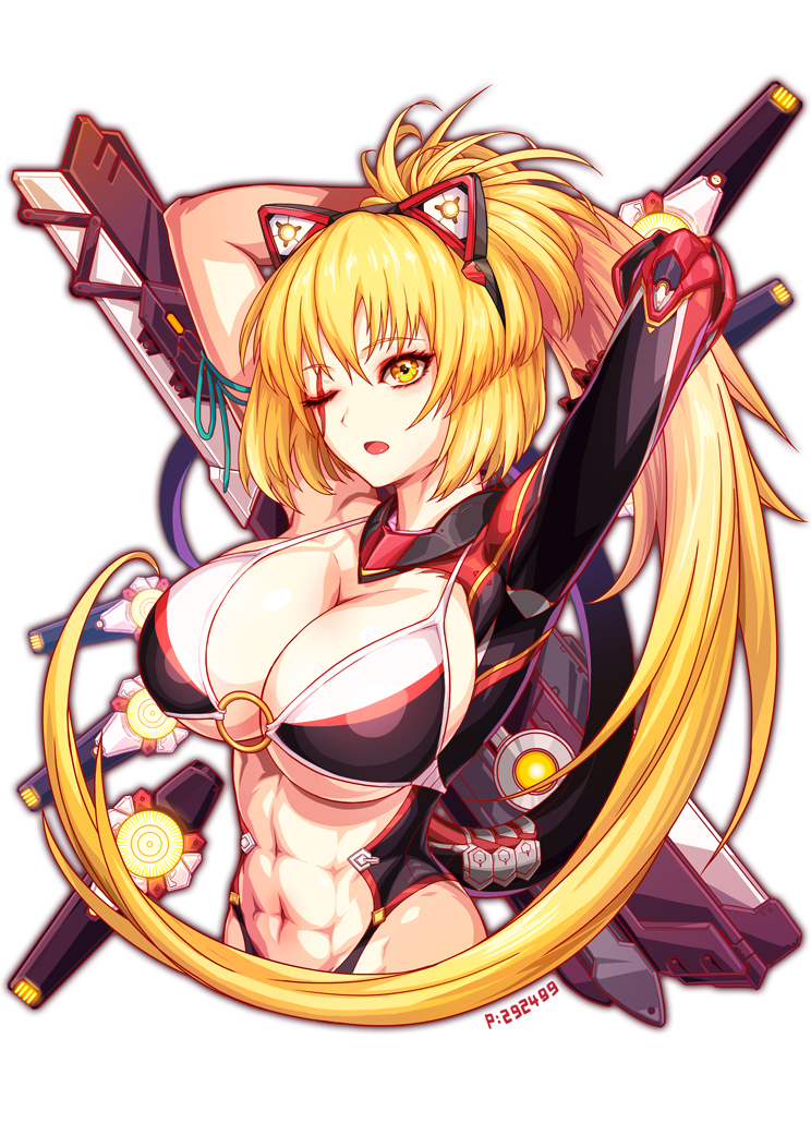 1girl abs animal_ears arms_behind_head arms_up bangs blonde_hair breasts cat_ears cleavage cropped_torso eyebrows_visible_through_hair hair_between_eyes headgear huge_breasts ichiban_renga long_hair looking_at_viewer machinery mecha_musume midriff navel o-ring o-ring_top one_eye_closed open_mouth original pixiv_id ponytail revealing_clothes scar scar_across_eye sidelocks simple_background solo underboob upper_body very_long_hair white_background yellow_eyes