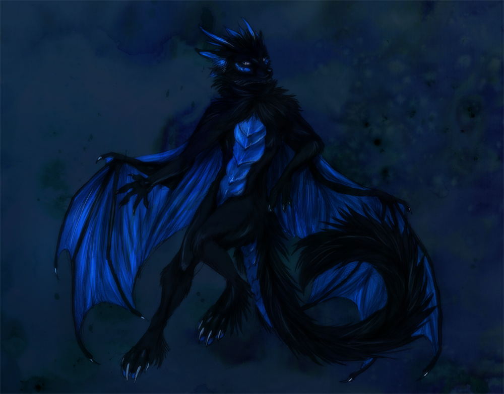 5_fingers akryl anthro black_fur blue_background digitigrade fur hibbary horn hybrid isvoc male membranous_wings nude simple_background solo standing unknown_species wings