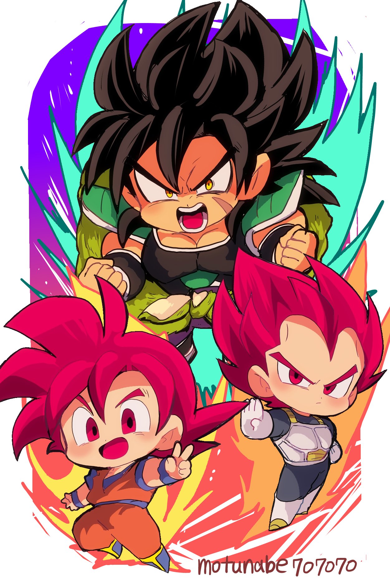 3boys armor artist_name aura biceps black_hair boots broly_(dragon_ball_super) chibi dougi dragon_ball dragon_ball_super dragon_ball_super_broly fighting_stance gloves highres looking_at_viewer motunabe707070 multiple_boys muscle open_hand open_mouth pectorals pelt red_eyes red_hair round_teeth scar son_gokuu spiked_hair standing super_saiyan_god teeth v vegeta white_gloves widow's_peak wristband yellow_eyes