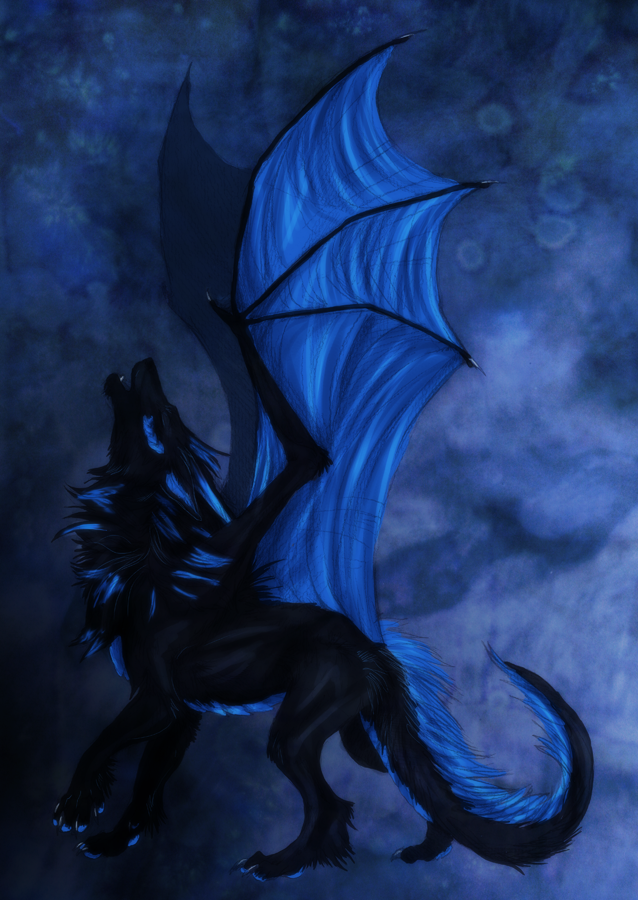 akryl black_fur black_hair blue_background blue_hair claws digitigrade dragon feral fur hair hibbary horn hybrid isvoc male membranous_wings nude simple_background solo standing wings