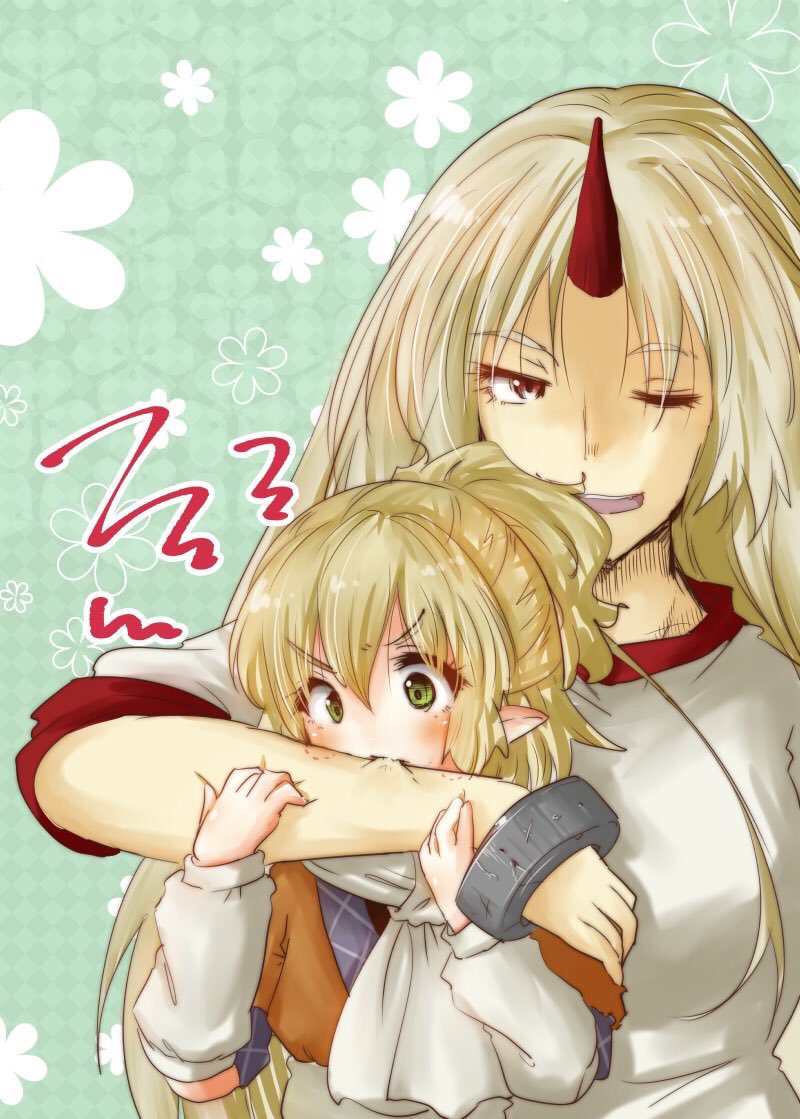 arm_holding arm_warmers bite_mark biting biting_arm blonde_hair cuffs green_eyes hand_on_another's_arm horn hoshiguma_yuugi hug hug_from_behind long_hair mizuhashi_parsee multiple_girls one_eye_closed oni pointy_ears ponytail red_eyes scarf shackles shirt short_hair short_sleeves skindentation smile teeth tikano touhou upper_body