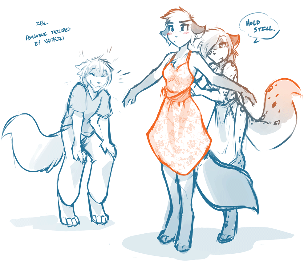 apron blush canine chest_tuft clothing crossgender dog dress embarrassed evals feline female fox hair kathrin_(twokinds) keidran laugh male mammal mike_(twokinds) text tom_fischbach tuft twokinds