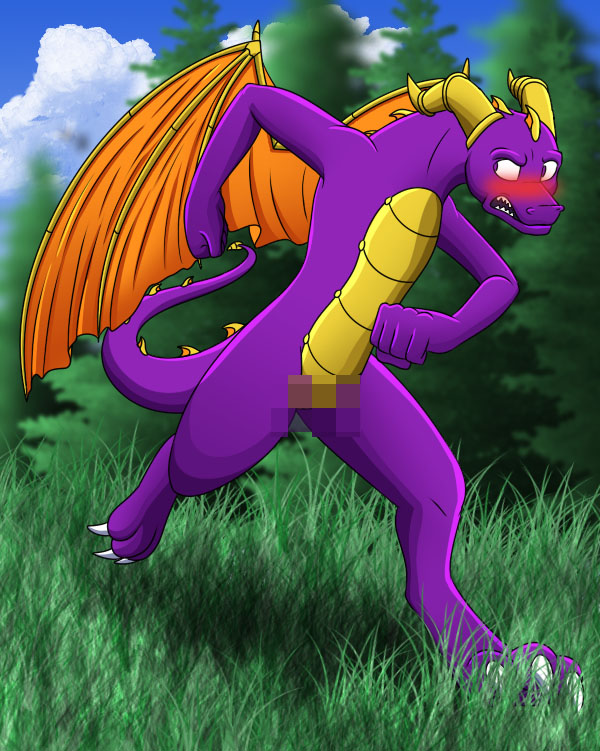 2012 adamsparke anthro blush censored dragon embarrassed grass male membranous_wings mosaic_blur nude outside running scalie solo spyro spyro_the_dragon video_games wings