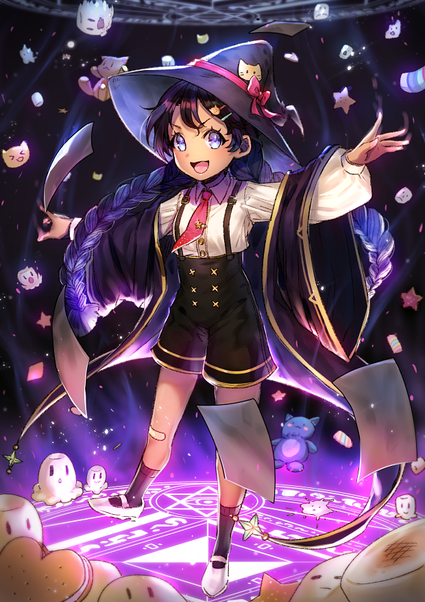 1girl :d bandaid bandaid_on_knee black_legwear black_robe blue_eyes bow braid brk cat hair_ornament hairclip hat hat_bow long_sleeves magic_circle necktie open_mouth original pink_bow red_neckwear robe shoes smile socks solo standing suspenders twin_braids white_footwear witch
