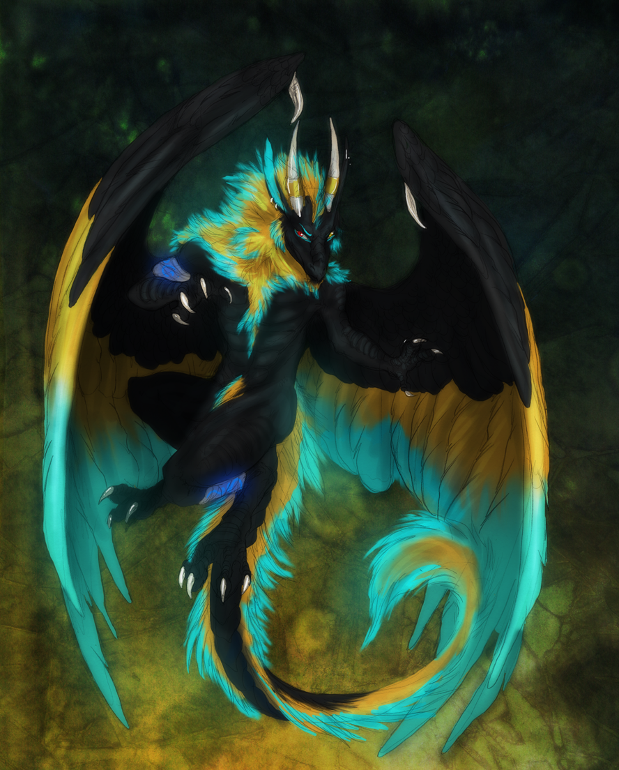 anthro black_feathers black_skin blue_feathers claws day digital_media_(artwork) dragon feathered_dragon feathers fur furred_dragon hibbary horn isvoc male nude outside red_eyes solo yellow_feathers