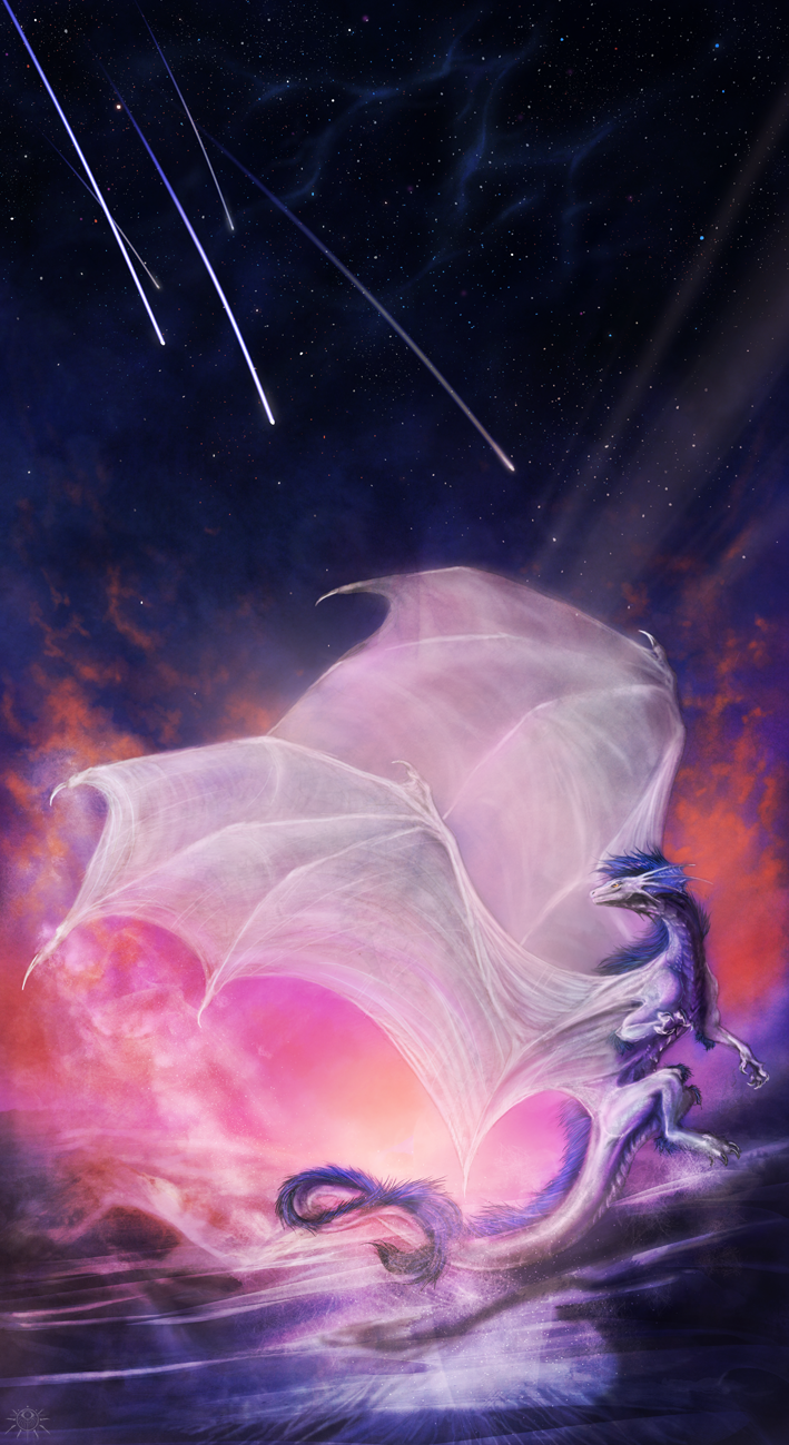 blue_hair claws digital_media_(artwork) dragon feral flying hair isvoc membranous_wings night nude outside sky solo spread_wings star starry_sky white_skin wings