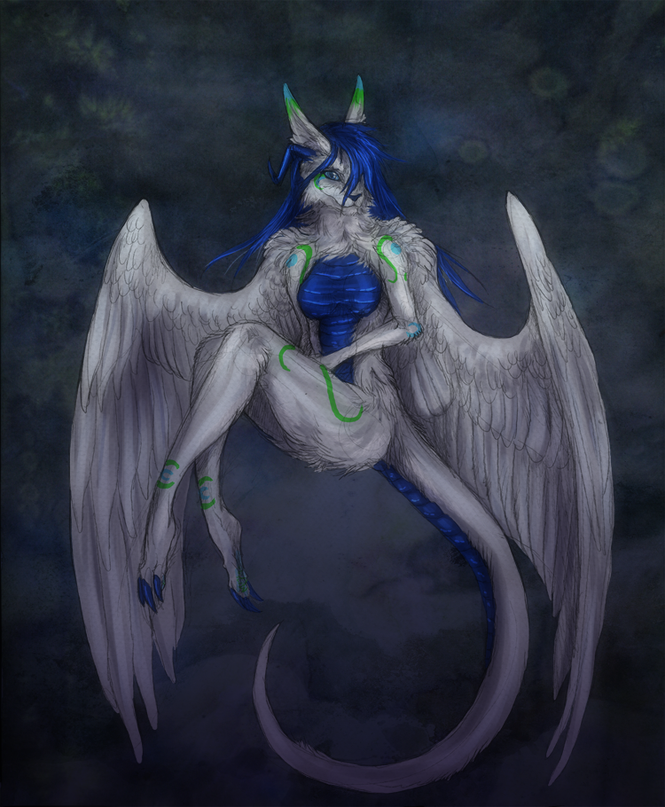 blue_eyes blue_hair cat dragon feathered_wings feathers feline female fur hair hybrid isvoc mammal nude smile solo white_feathers white_fur wide_hips wings