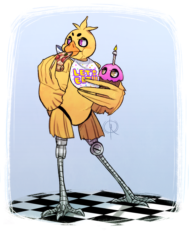 2015 animatronic avian bird chica_(fnaf) chicken cupcake_(fnaf) digital_media_(artwork) five_nights_at_freddy's food leeffi machine pizza robot video_games