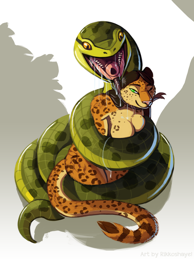 anaconda anthro coiling drooling duo feline female feral leopard licking male male/female mammal open_mouth reptile rikkoshaye saliva scalie snake tongue tongue_out vore