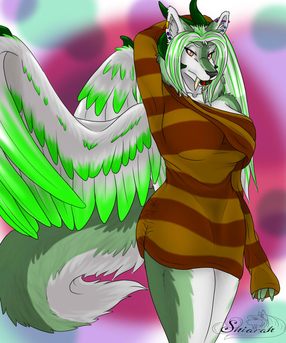 breasts brown_sweater canine chaos chaos_form clothing ear_piercing facial_piercing fangs feathers highlights horn industrial_piercing invalid_color lip_piercing mammal piercing shiarah snakebite_piercing striped_sweater stripes sweater wide_hips wings wolf wolf_hybrid