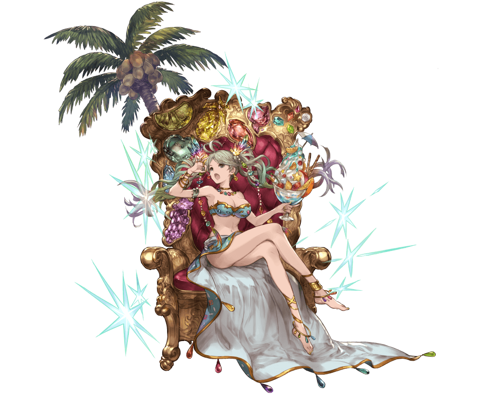 :o anklet antenna_hair apple apricot_(fruit) aqua_bikini armlet bandeau bangle barefoot bikini bracelet breasts cherry cleavage cocktail_umbrella coconut crossed_legs crystal cup de_la_fille drinking_glass earrings eating floating_hair food fruit full_body gem granblue_fantasy grapes green_eyes green_hair hair_ornament holding holding_cup holding_food holding_fruit ice_cream jewelry large_breasts lime_(fruit) long_hair minaba_hideo multicolored_hair navel necklace official_art open_mouth palm_tree parfait pear pineapple rainbow_hair ring showgirl_skirt sitting smile solo sparkle strapless sundae swimsuit throne transparent_background tree twintails wafer_stick