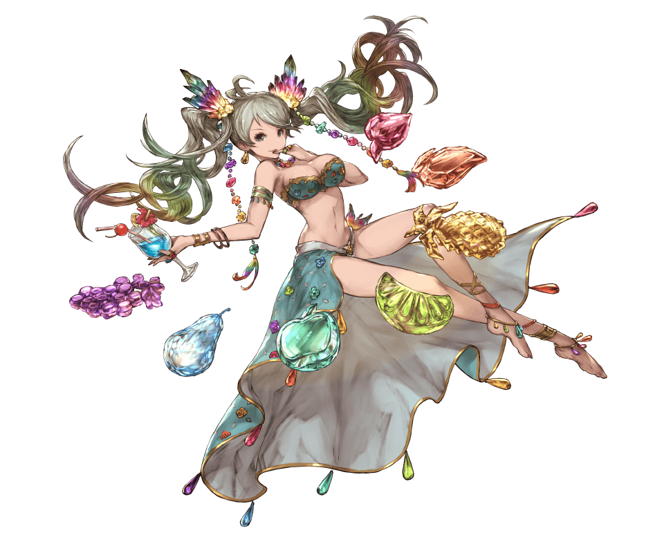 anklet apple apricot_(fruit) aqua_bikini armlet barefoot bikini bracelet breasts cleavage closed_mouth crystal de_la_fille earrings floating_hair food fruit full_body gem granblue_fantasy grapes green_eyes green_hair groin hair_ornament jewelry large_breasts lime_(fruit) long_hair minaba_hideo multicolored_hair navel necklace official_art pear pineapple rainbow_hair ring smile solo swimsuit transparent_background twintails