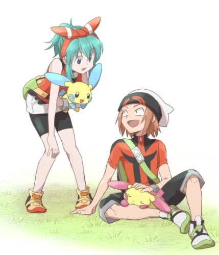 bad_id bad_twitter_id bag bare_shoulders bike_shorts blue_hair brown_hair cosplay crossover gen_3_pokemon haruka_(pokemon) haruka_(pokemon)_(cosplay) hat hunter_x_hunter lap_pillow leaning_forward looking_at_another lowres minun petting plusle pokemon pokemon_(creature) pokemon_(game) pokemon_oras pokkle ponzu short_hair sleeping white_background yuriko_(yuriko_popo) yuuki_(pokemon) yuuki_(pokemon)_(cosplay)