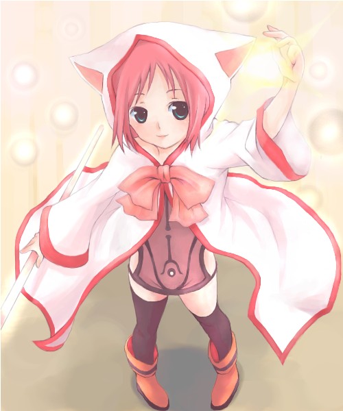 animal_ears animal_hood aqua_eyes artist_request bare_hips black_legwear blush boots bow cat_ears cat_hood cloak devout dress final_fantasy final_fantasy_iii glowing hood hooded_cloak mage magic no_panties pink_bow pink_hair seer short_dress short_hair skirt smile solo staff standing thighhighs zettai_ryouiki