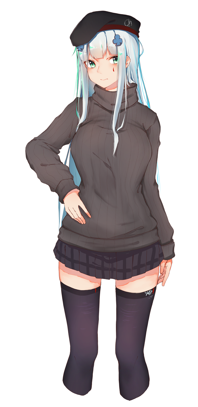 1girl bangs beret black_hat black_legwear black_skirt blue_hair blush brown_sweater casual closed_mouth commentary cropped_legs eyebrows_visible_through_hair facial_mark girls_frontline green_eyes hair_ornament hand_on_hip hat highres hk416_(girls_frontline) inniyik long_hair long_sleeves plaid plaid_skirt pleated_skirt ribbed_sweater simple_background skirt sleeves_past_wrists solo sweater thighhighs turtleneck turtleneck_sweater very_long_hair white_background