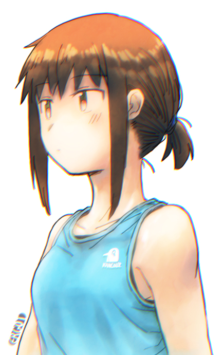 1girl alternate_costume artist_name blush brown_hair casual collarbone ergot fubuki_(kantai_collection) kantai_collection low_ponytail short_ponytail signature simple_background solo tank_top upper_body white_background