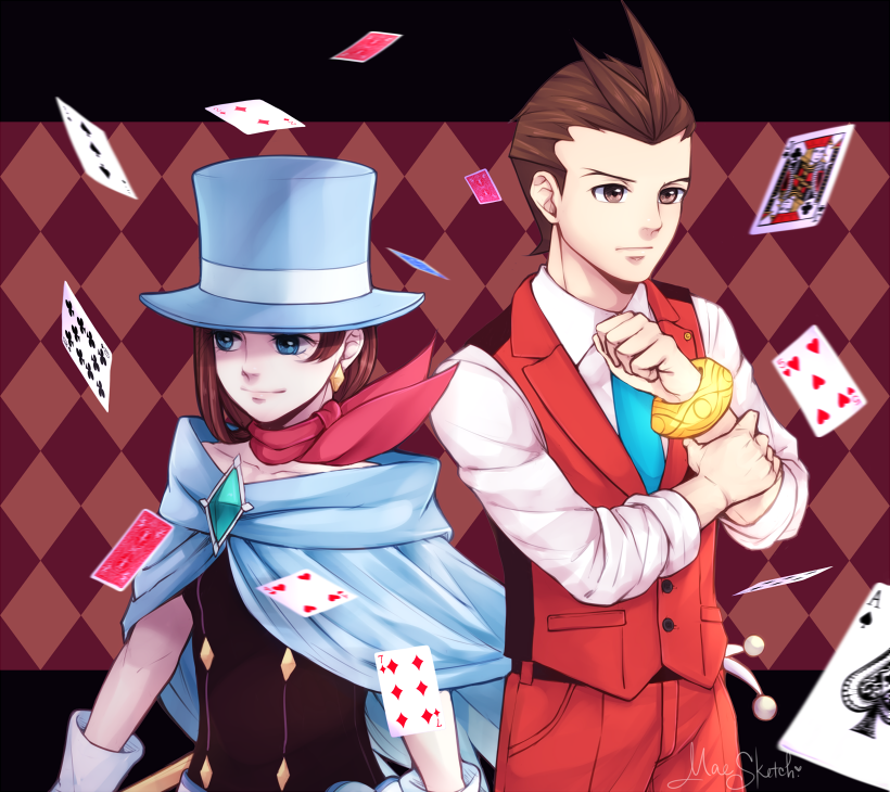 1girl blue_cape blue_eyes blue_hat blue_neckwear brooch brown_eyes brown_hair cape card collared_shirt earrings formal gloves gyakuten_saiban hat janelle jewelry magician naruhodou_minuki necktie odoroki_housuke pants playing_card red_vest scarf shirt short_hair signature sleeves_rolled_up smile suit top_hat vest
