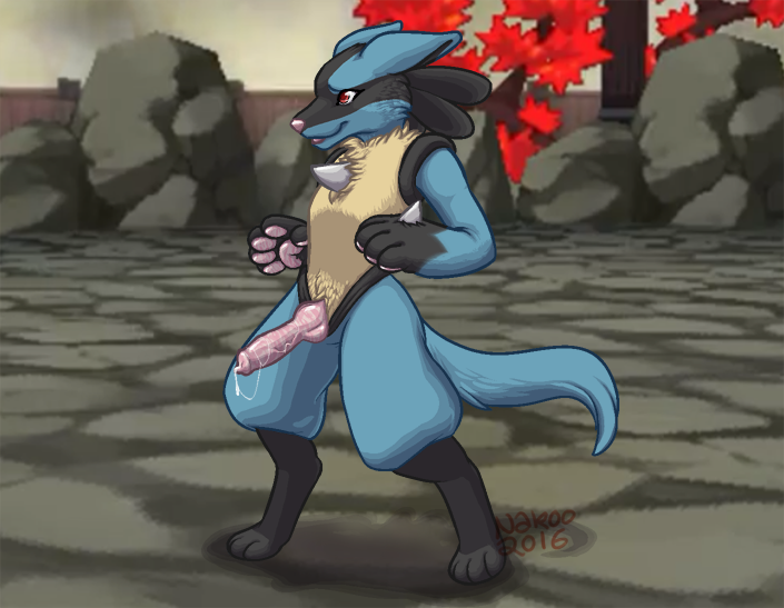 animal_genitalia animal_penis black_fur blue_fur canine_penis cum fur implied_pants invalid_tag lucario male nakoo nintendo paws penis pok&eacute;mon red_eyes video_games yellow_fur