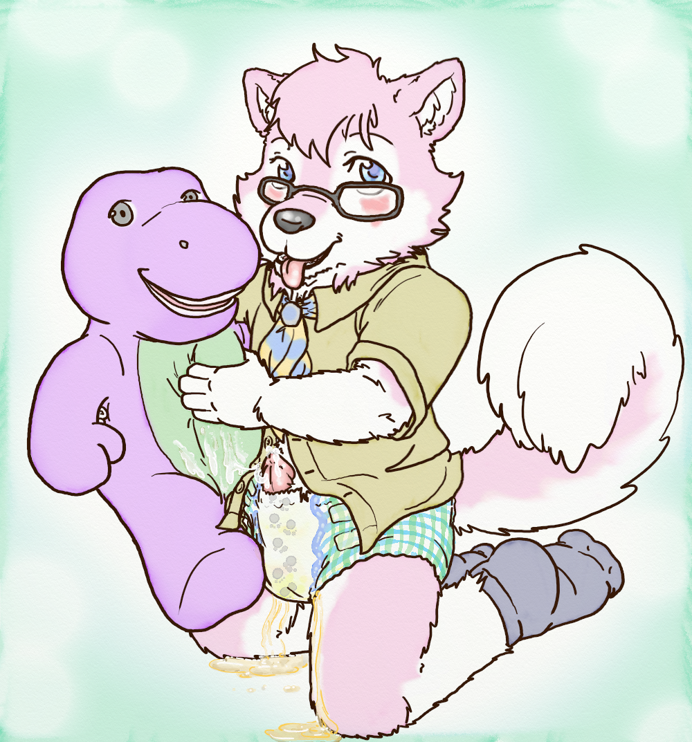 animal_genitalia animal_penis anthro barney canine clothed clothing cub cum diaper digital_media_(artwork) dinosaur dog erection fur lavilovi male mammal open_mouth orgasm peeing penis plushie sex simple_background smile solo tongue urine watersports wet young