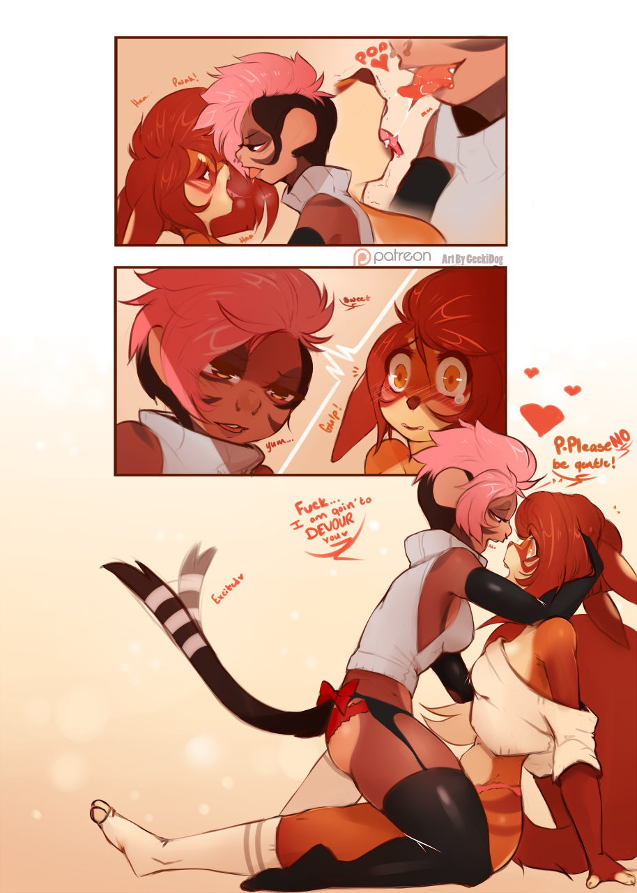 &lt;3 anthro blush clothed clothing comic dirty_talk duo english_text feline female female/female foreplay french_kissing geekidog kissing mammal monkey primate saliva saliva_string smile text